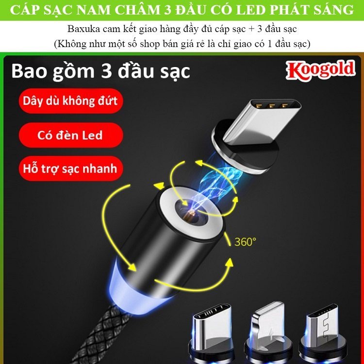 Dây Sạc Điện Thoại Đa Năng, Có Led Phát Sáng Cả Dây, Đầu Hit Nam Châm cáp sạc đèn LED, sạc cho Samsung, ipad, iphone IOS