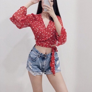 (Có sẵn-Hình thật của shop)  Áo croptop voan vạt chéo