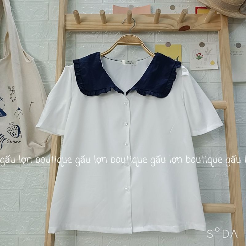 áo sơ mi cổ bèo phối màu tiểu thư ảnh thật