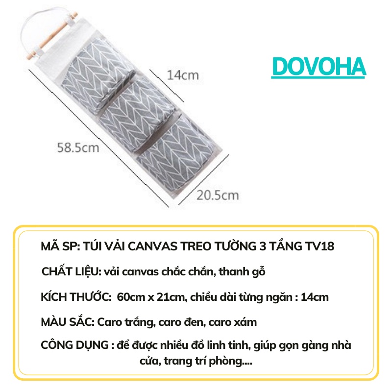 Túi vải canvas treo tường 3 tầng nhiều ngăn đựng đồ cá nhân đa năng tiện dụng DOVOHA TV18