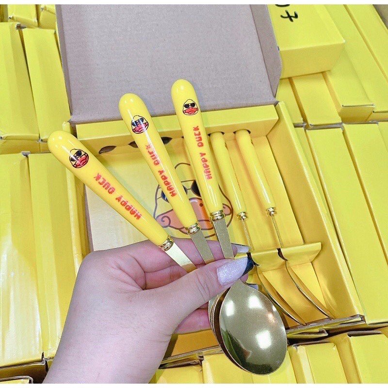Hộp 6 muỗng inox hình vịt vàng dễ thương Duck, Thìa hình vịt vàng cán dài cho bé ăn dặm