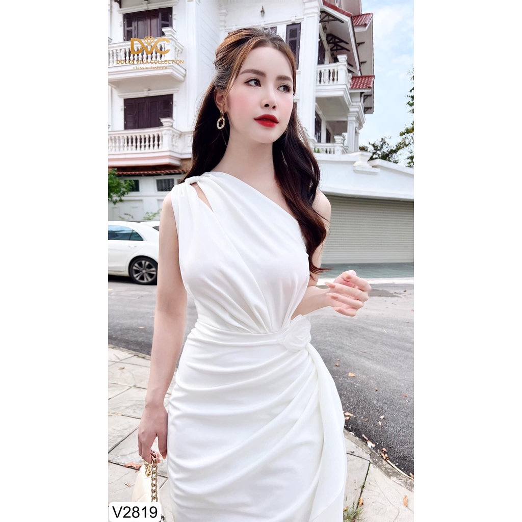 Váy trắng dáng body lệch vai nhún eo sang chảnh V2819