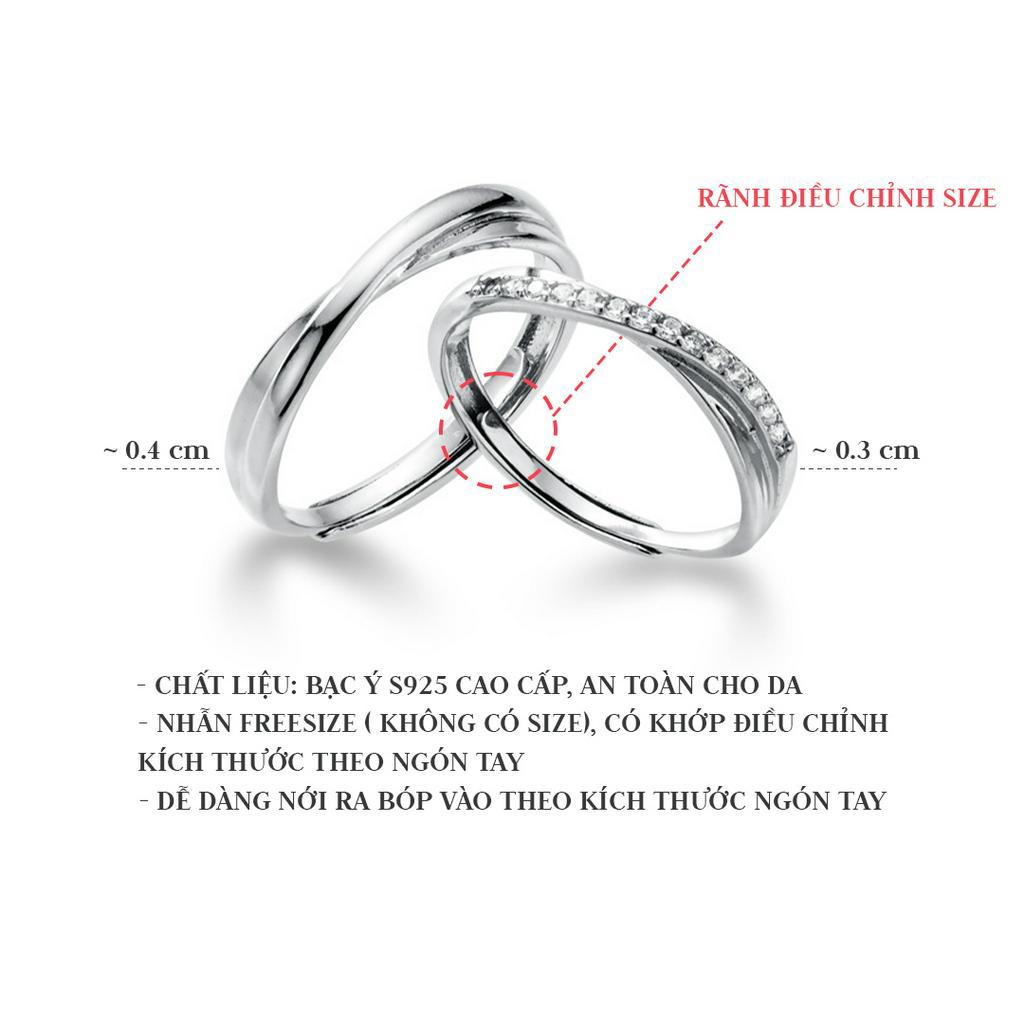 Nhẫn đôi bạc nam nữ S925 đính đá CZ cao cấp thiết kế vắt chéo cách điệu quà tặng ý nghĩa - ND2517 - Bảo Ngọc Jewelry