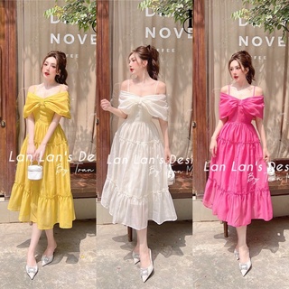 Đầm Dự Tiệc, Váy Thiết Kế Trễ Vai Dáng Xòe Dài Đính Nơ Ngực Sang Chảnh 3 Màu Trắng, Hồng, Vàng Cực Hot