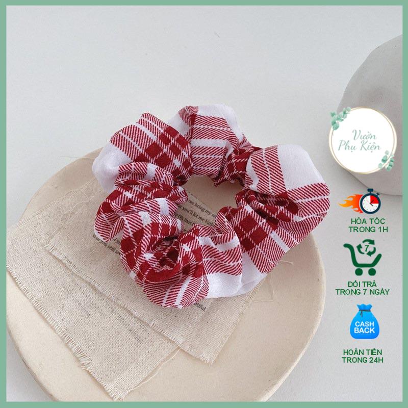 Cột tóc Scrunchies , Dây buộc tóc vải kẻ co giãn thời trang nhiều màu