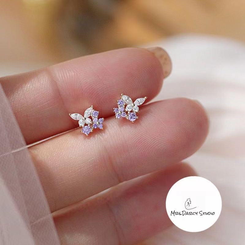 MRS.D【In Stock】100% Sterling Silver Purple Butterfly S925 Earrings Stud Earrings Colors of Zircon Jewelry Gift Ear Clips Minimalist Earring Design Jewelry Girls Allergy Free