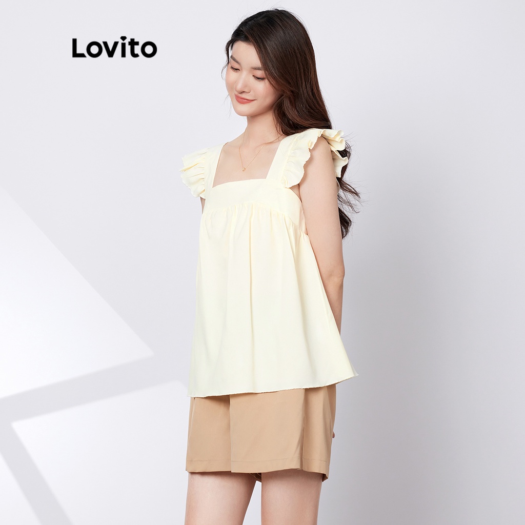 [Hàng có sẵn] Bộ Quần Short Xòe Nhún Bèo Màu Trơn Lovito L29AD064 (Màu Mơ)