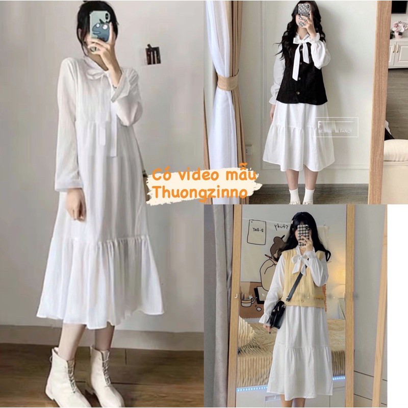 [Ảnh thật/Video] Váy babydoll trắng nơ cổ phong cách ulzzang Váy trắng tiểu thư 2 lớp
