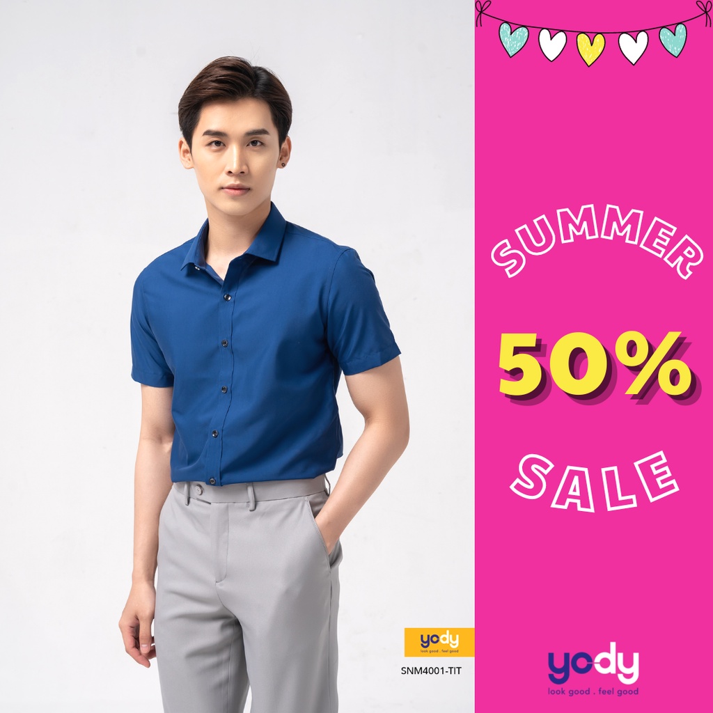 Áo sơ mi nam Yody cộc tay chất liệu nến dáng slim cộc tay SNM4001 | BigBuy360 - bigbuy360.vn