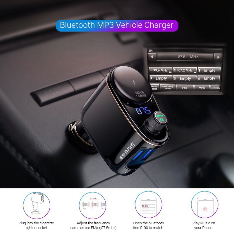 TẨU SẠC OTO BASEUS S06 HỖ TRỢ NGHE GỌI BLUETOOTH KÈM 2 CỔNG SẠC NHANH