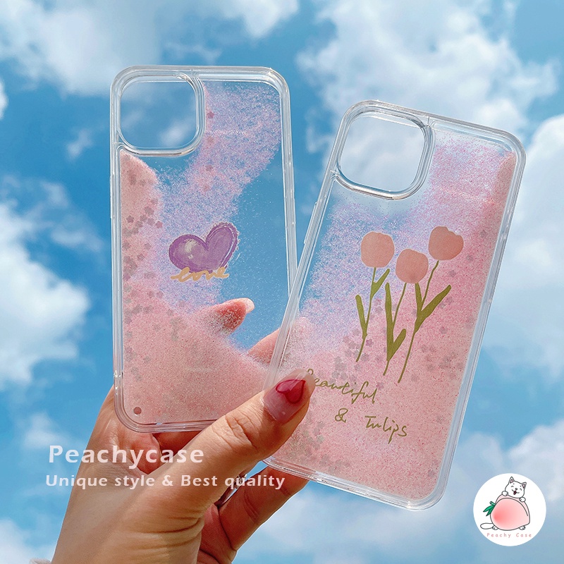 Ốp Điện Thoại Nhựa PC Cứng Hình Hoa Tulip Hồng Phối Cát Lún IPhone 14 13 12 Pro Max 11 Xr 7plus 6 8 7 Plus Xs Max X