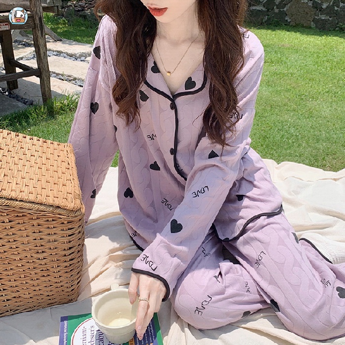 Bộ Đồ Ngủ Tay Dài Chất Liệu Cotton In Họa Tiết Màu Xanh Lá Thời Trang Mùa Thu Xinh Xắn Cho Nữ
