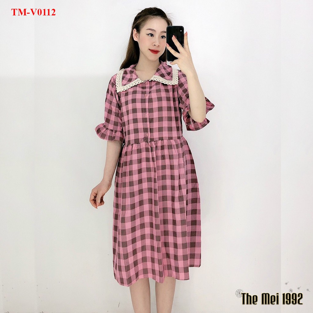 Váy suông nữ The Mei 1992 -  Đầm bầu nữ chất cotton cao cấp kẻ caro tay lửng dáng dài đính cúc siêu xinh