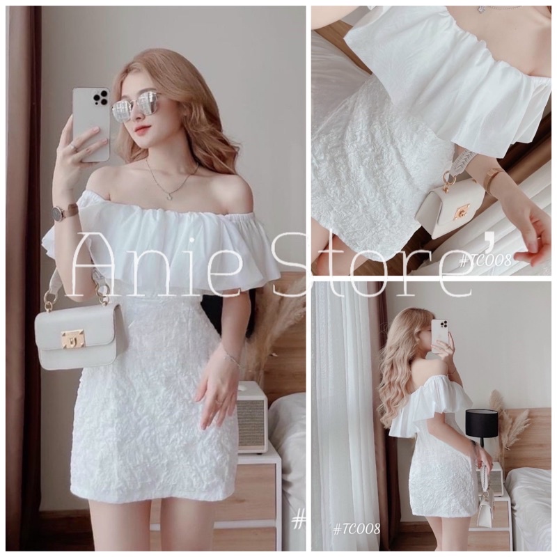 Đầm Trắng Nữ Trễ Vai Ngực Bèo Vải Xốp 🦋 Váy Nữ Hở Lưng Dáng Ngắn 🦋