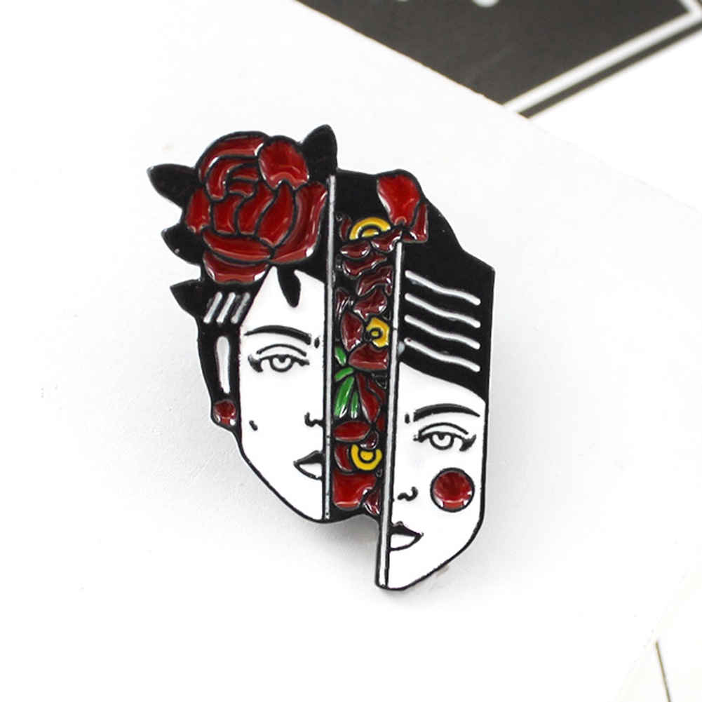 Ghim cài cổ áo hình khuôn mặt phụ nữ lệch với hoa hồng điệu đà