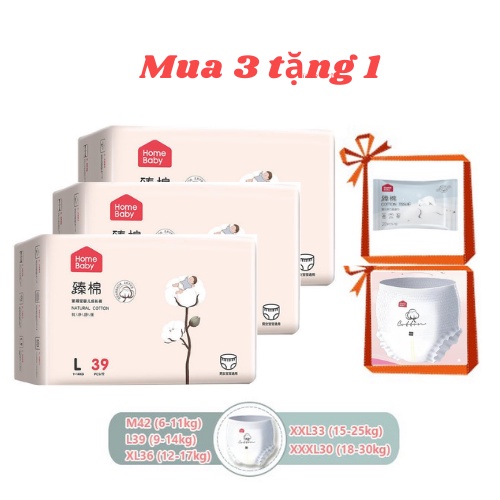 Bỉm HomeBaby Nội Địa Trung cotton tự nhiên M42, L39, Xl36, XXL33, XXXL30, Combo 3 Bịch