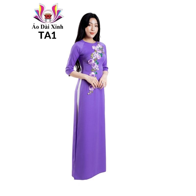 Bộ áo dài truyền thống tây thi kết hoa cổ tròn tay lỡ màu tím