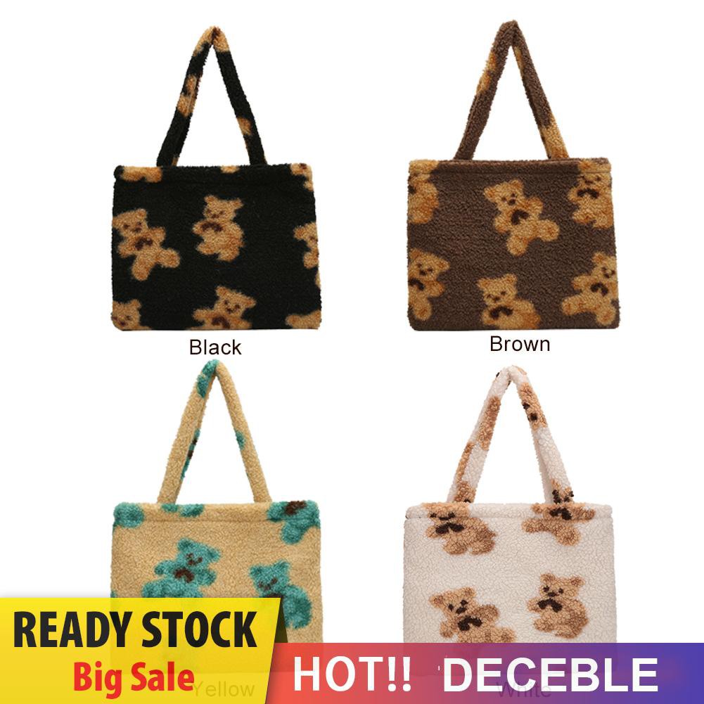 Deceble Bear Printed Handbag Women Plush Shoulder Top-handle Bag Big Capacity Tote