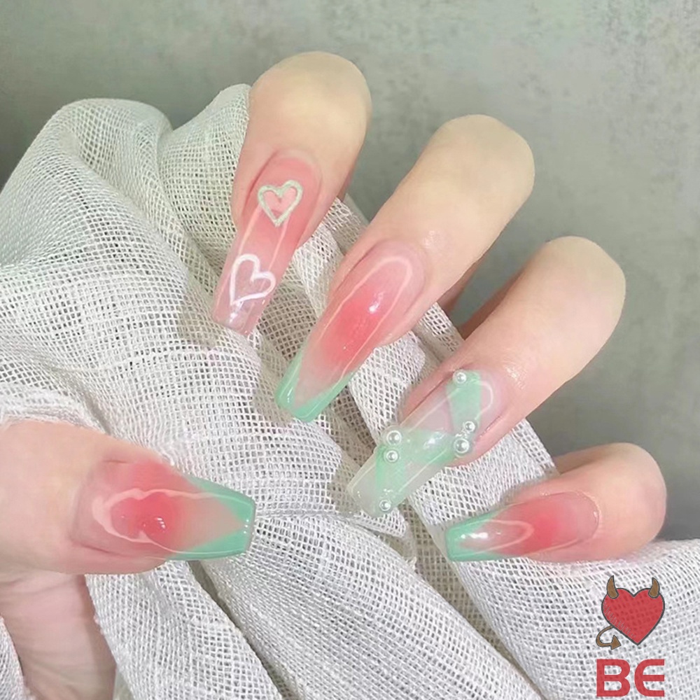 Bộ 24 Móng Tay Giả Dài Màu Gradient In Họa Tiết Trái Tim Dễ Xé Dùng Trang Trí Móng Tay Nghệ Thuật Cho Nữ