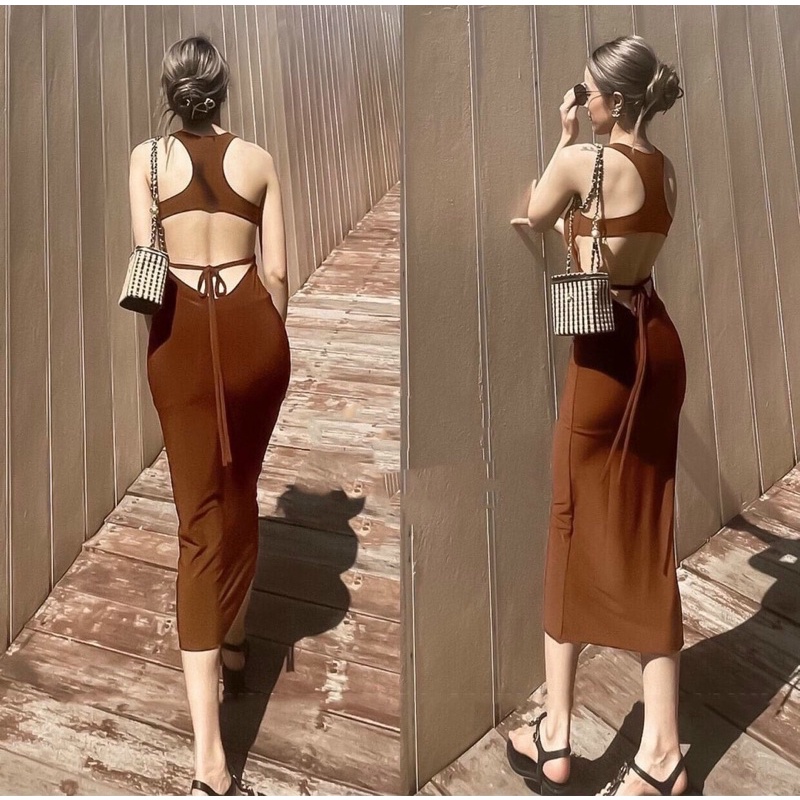 Đầm maxxi ba lỗ khoét lưng thắt dây