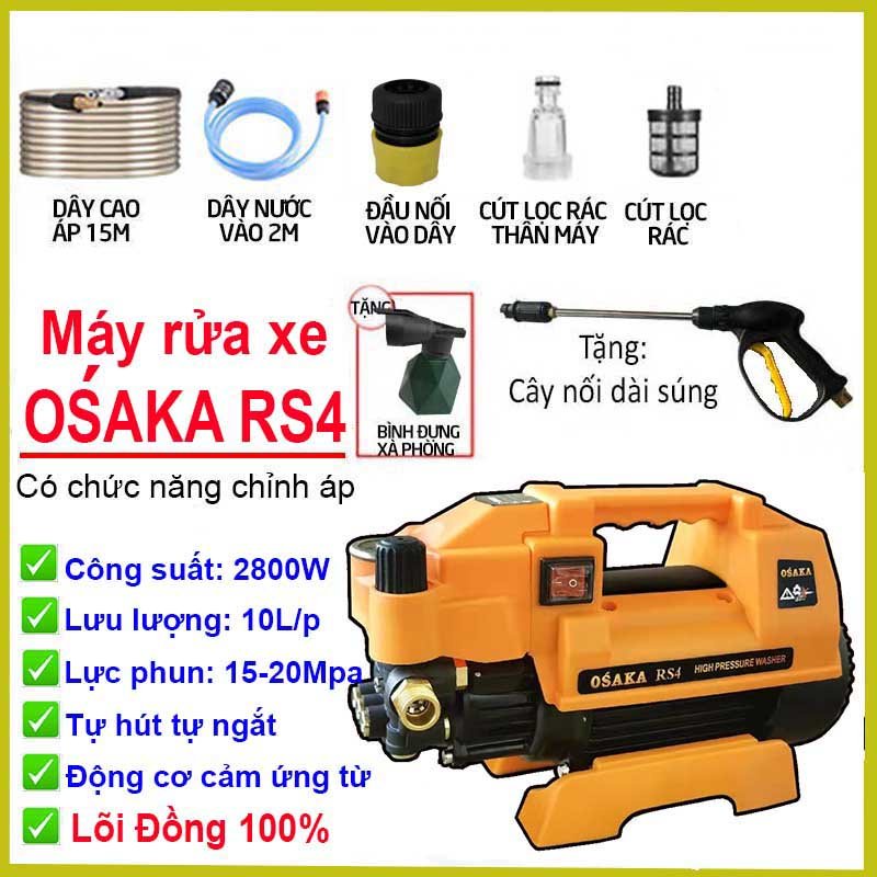 Máy rửa xe DÂY ĐỒNG OSAKA RS4 có chức năng chỉnh áp - 2800W - Dây cao áp 15m - Tặng kèm cây nối dài vòi phun