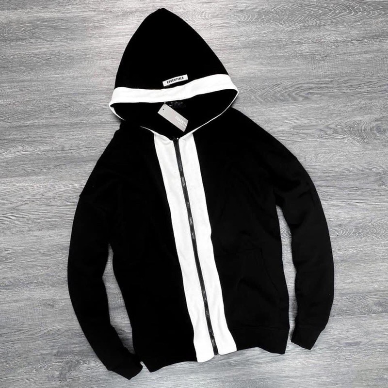 Áo hoodie zip nam ESSENTIALS màu đen viền trắng, form rộng chất nỉ bông dày dặn