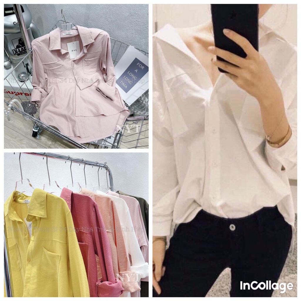 Áo sơ mi nữ dài tay form rộng can ngực 2 túi chất siêu mát
