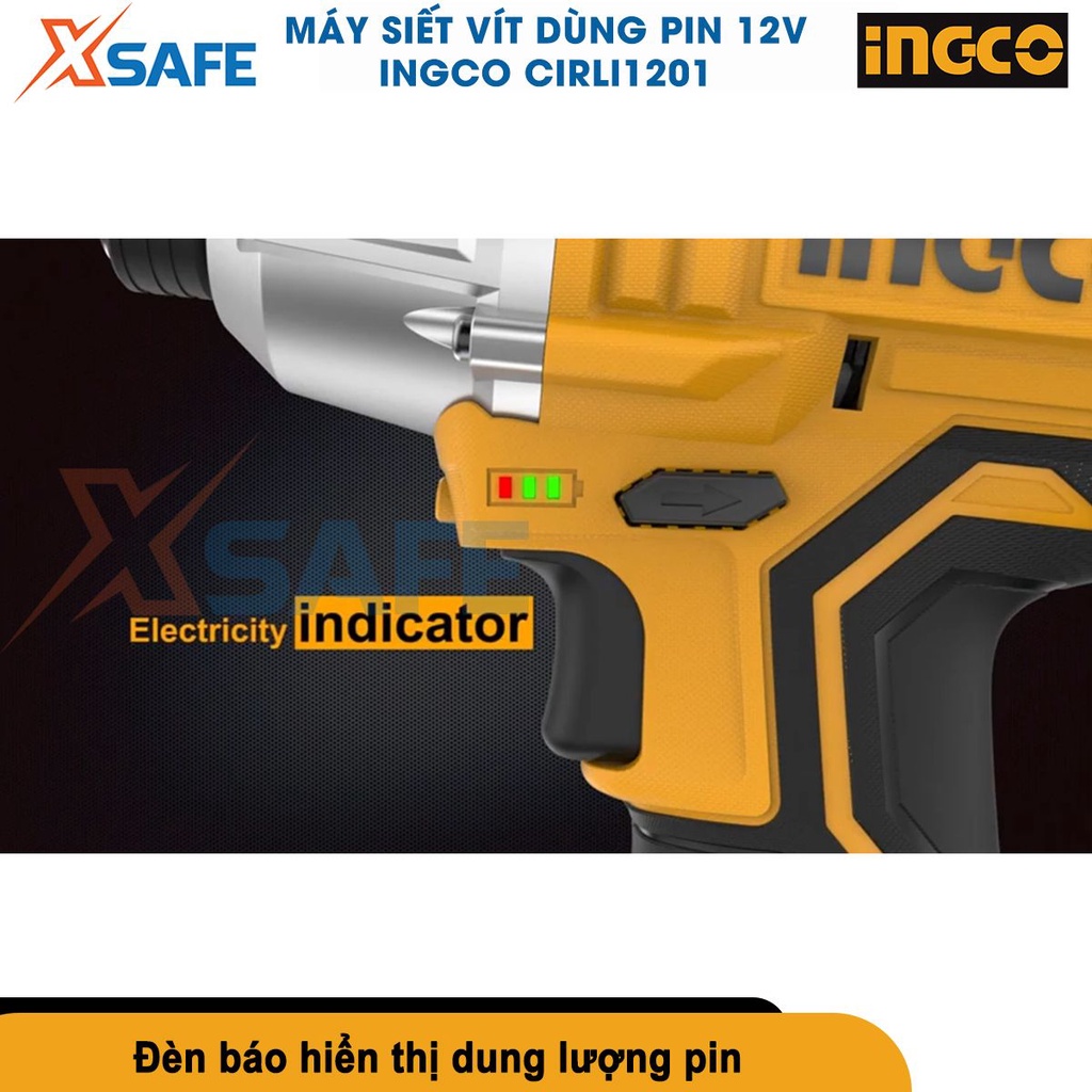 Máy siết vít dùng pin 12V INGCO CIRLI1201 điện thế 12V, đèn LED kèm 3 mũi bắn tôn, 2 mũi siết - chính hãng -xsafe