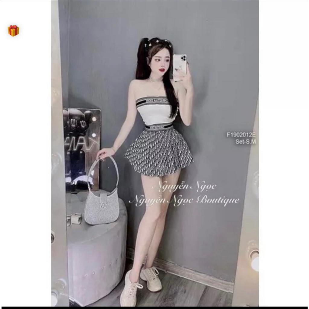 Set nữ áo ống croptop mix chân váy xòe dáng ngắn kèm đai in chữ chất thun bozip xinh hot