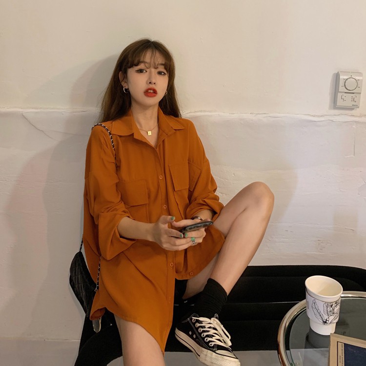 Áo Sơ Mi Chiffon Tay Dài Màu Trơn Phong Cách Hàn Quốc