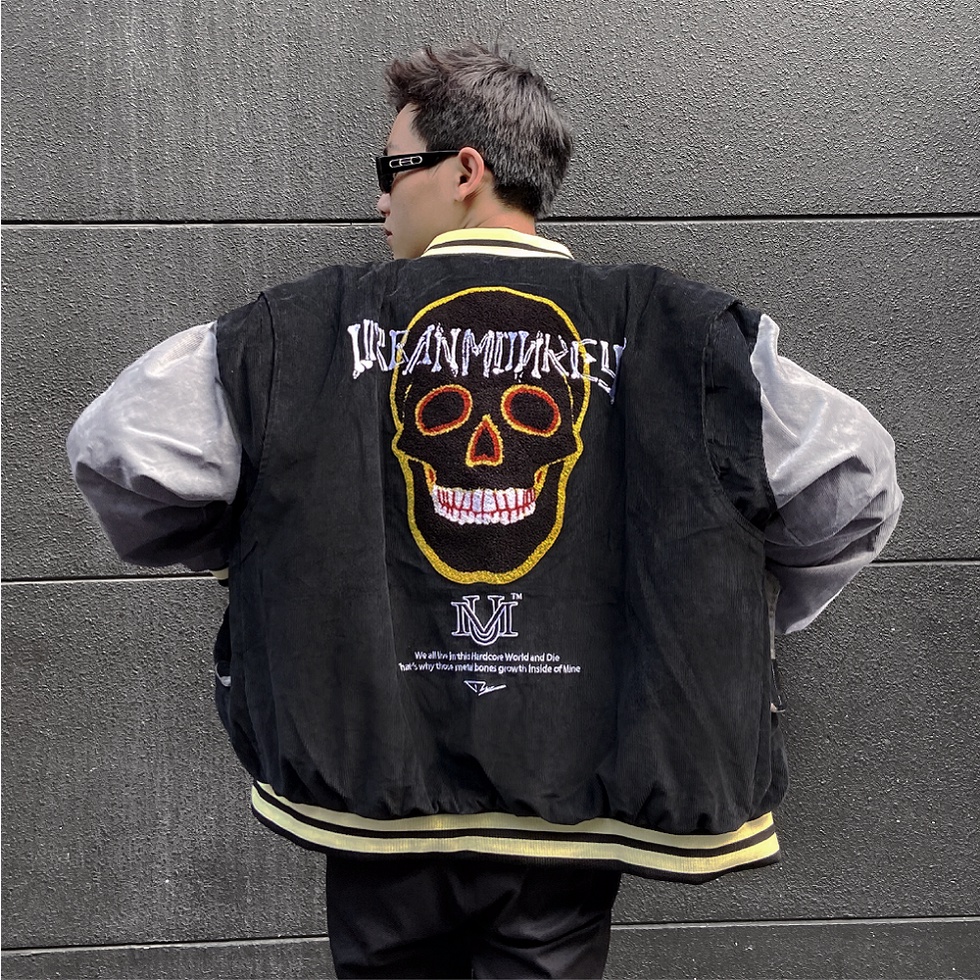 Áo Khoác URBAN MONKEY SKELETON Varsity Vải Nhung Tăm Cao Cấp Phối Màu Black/ Grey