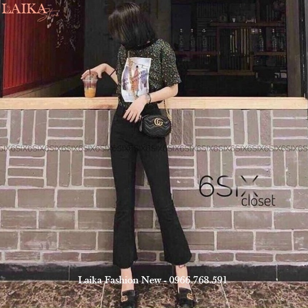 Quần Jean Ống Loe Cạp Cao nữ màu Đen vải bò giấy trơn co giãn gấu tua dáng quần tây ống loe lưng cao đi học làm công sở