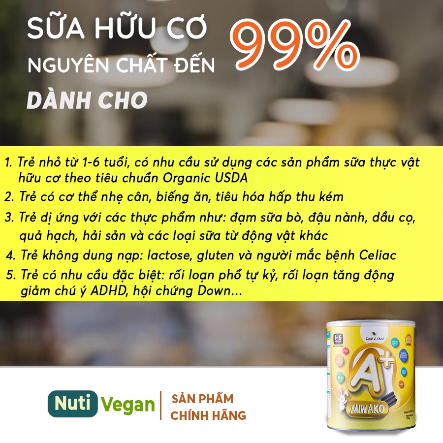 [ Tặng tranh tô màu nước cho bé] Bộ 2 Hộp Sữa Miwako A+ Hộp 700g Vị Vani (1.4kg), Sữa Hạt Cho Bé Chậm Nói - nutivegan