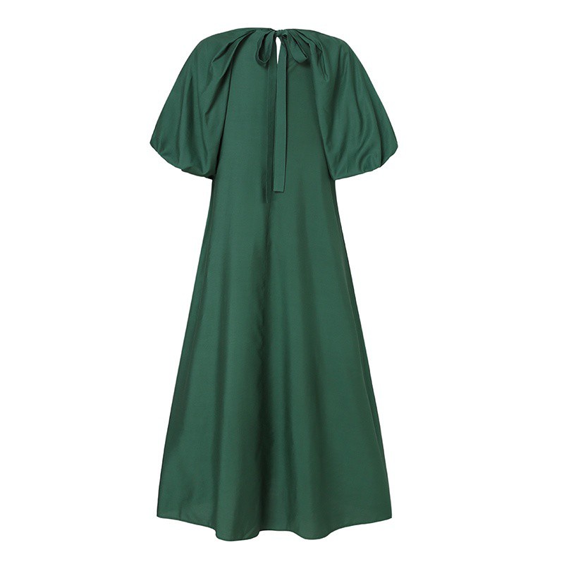 Đầm nữ ZANZEA dài cổ chữ V tay phồng màu trơn thiết kế dây buộc sau lưng thanh lịch