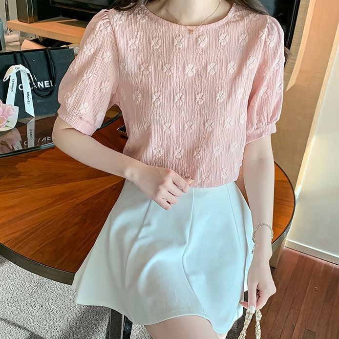 Áo Sơ Mi Tay Ngắn Phồng Cổ Tròn Dáng Rộng Thiết Kế Mới Thời Trang Mùa Hè Cho Nữ