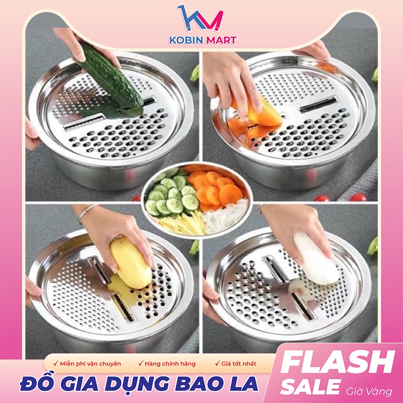 Bộ Nạo Rau Củ 3 Món Bào Nhật Bản - Rổ Nạo Rau Củ Kiêm Rổ & Chậu Inox Cao Cấp Đa Năng, Tiện Dụng Nhà Bếp