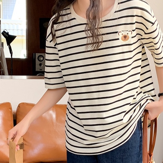 Áo thun Peppermint tay ngắn dáng rộng kẻ sọc ngang in hình gấu hoạt hình dễ thương thời trang mùa hè cho nữ 52720
