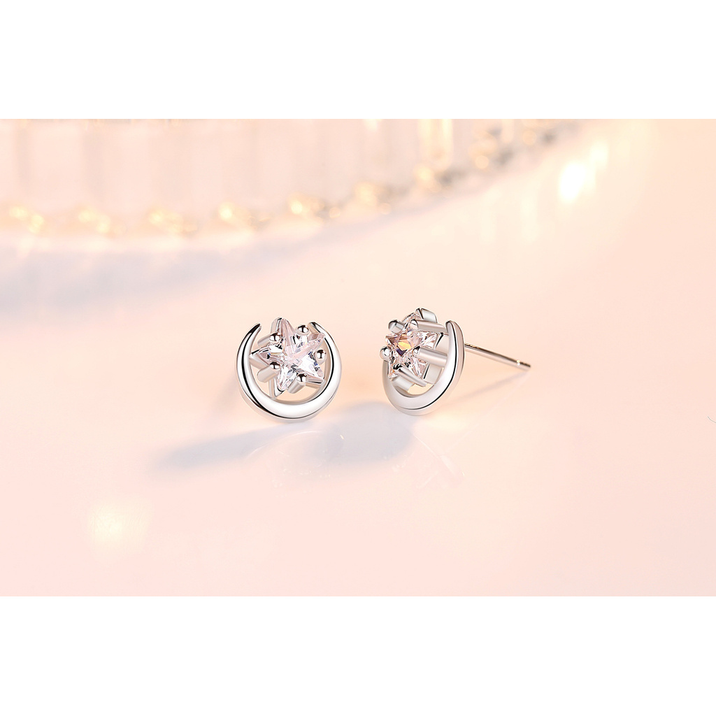 Khuyên Tai Hình Mặt Trăng Ngôi Sao Năm Cánh Mạ Bạc 925 Phong Cách Nhật Hàn Dễ Thương Sáng Tạo Dành Cho Bạn Gái 1