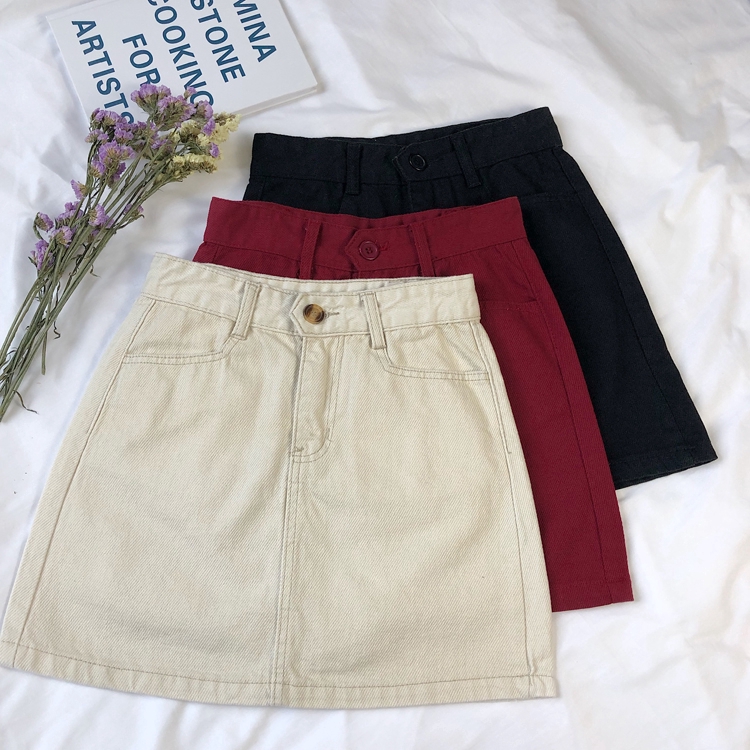 Váy ngắn eo cao Hàn Quốc Váy ngắn Denim chữ A Hàn Quốc