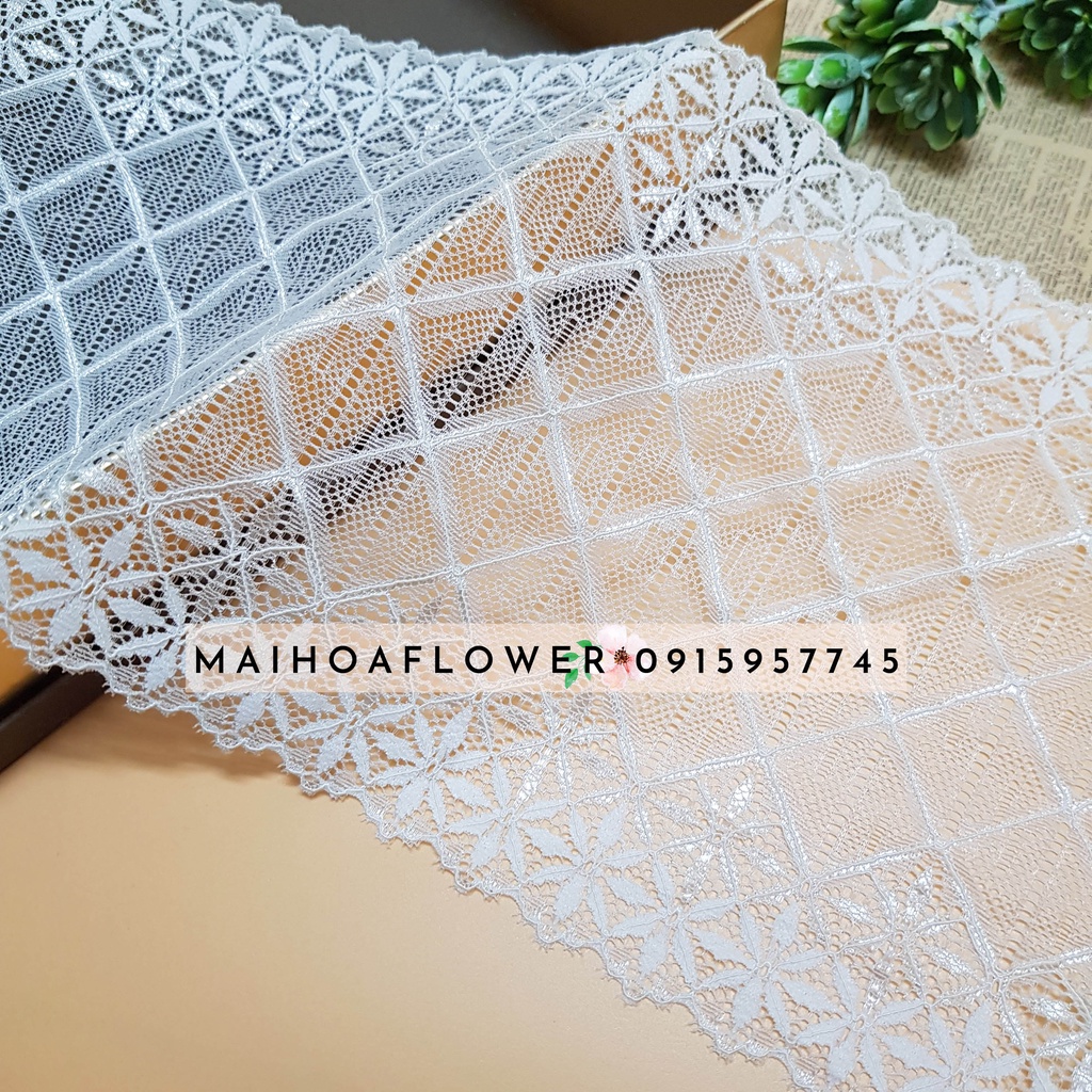 Cuộn ren trắng, ren lưới may đồ, chất đẹp, mềm mại, bản to 20cm