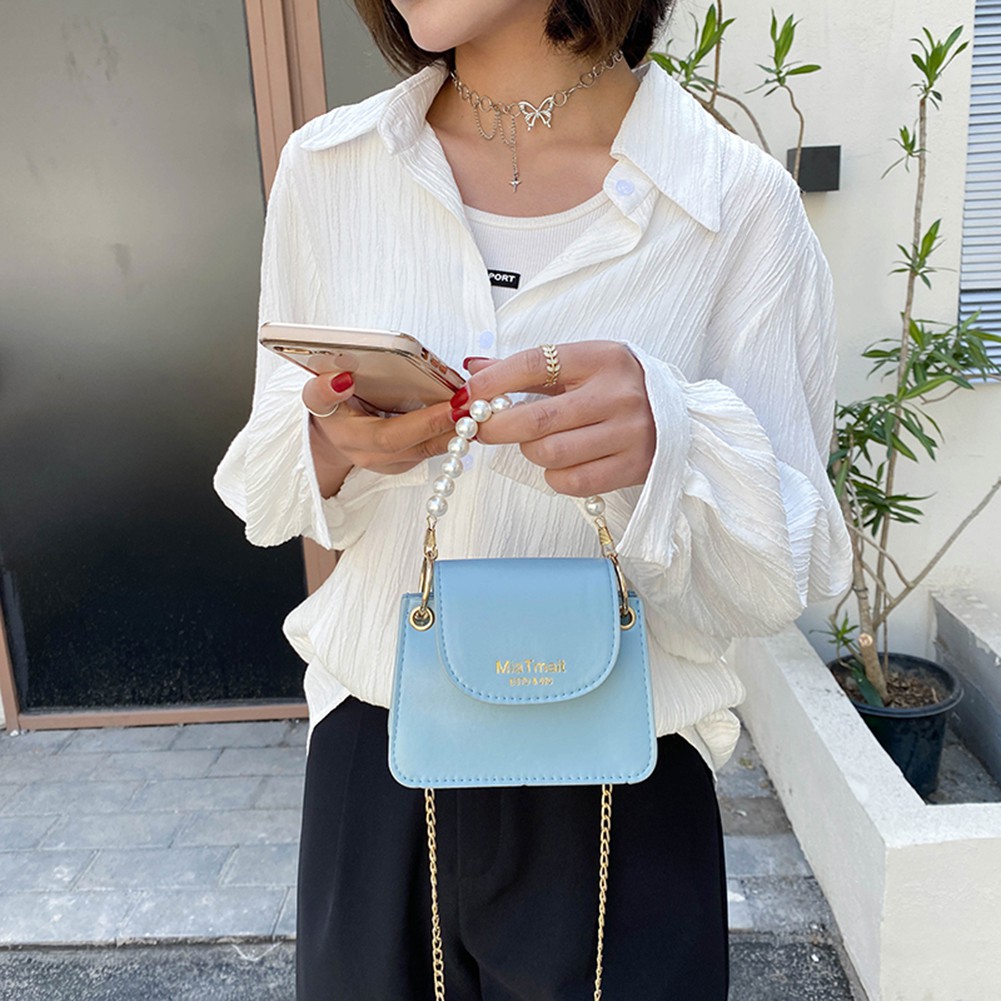 fiesta_Fashion Women PU Solid Color Chain Messenger Bag Casual Pearl Mini Handbag