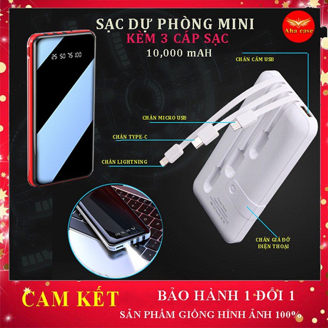 [MẪU MỚI NHẤT] Sạc dự phòng Power Bank 10,000 mAh kèm cáp sạc đa năng chân Iphone, Micro Usb, Type-C có đèn led hiển thị