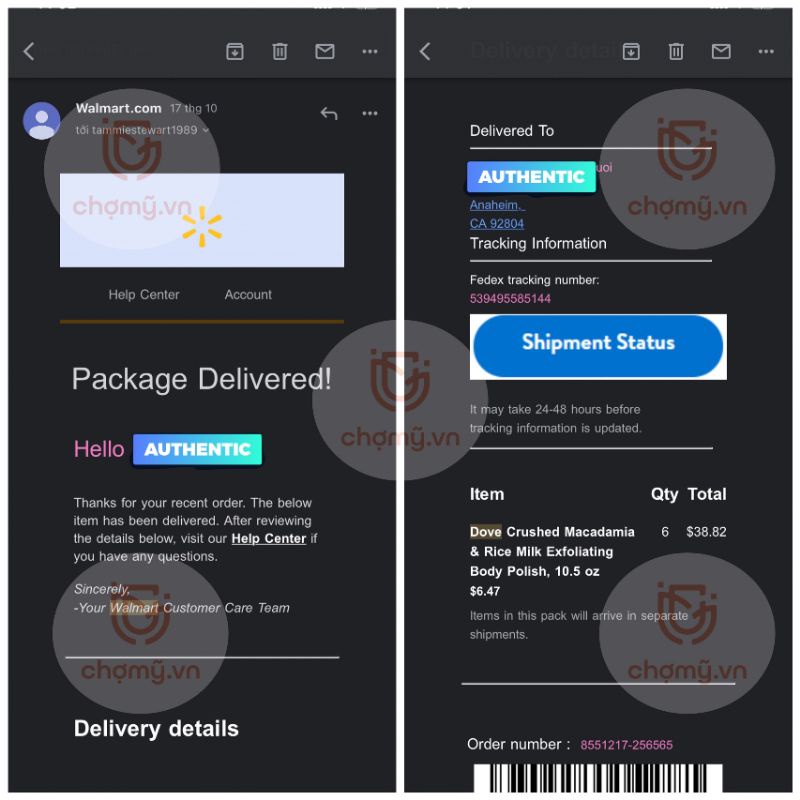NHẬP MỸ -  TẨY DA CHẾT BODY DOVE 298G ORDER WALMART USA
