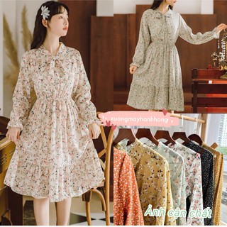 Váy hoa nhí dài tay thắt nơ - Váy vintage - Đầm thu đông