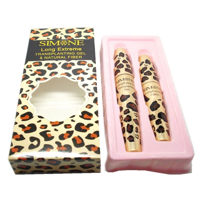 Bộ gel cấy mi & mascara đen sợi tự nhiên 3D chống thấm nước thiết kế vỏ họa tiết da báo
