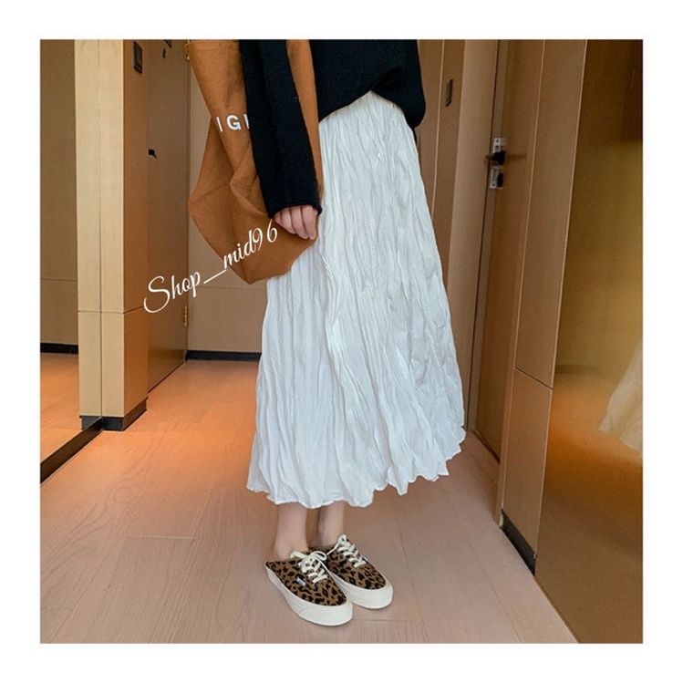 Chân váy nhún vải nhăn  dáng dài 75cm phong cách vintage hàn quốc ,Hàng quảng châu ,Có Sẵn