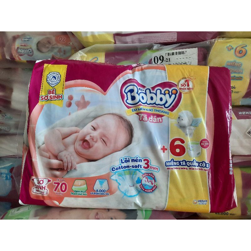 Tả dán bobby sơ sinh 70 miếng tặng kèm 6 miếng tả quần size s, bobby dán cho bé dưới 5kg