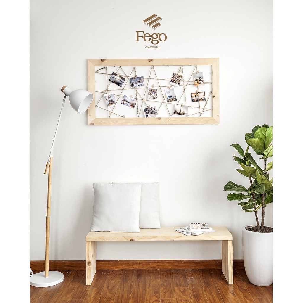 Khung ảnh treo tường dạng lưới bằng gỗ thông Fego/ Giá treo ảnh tặng kèm kẹp gỗ Decor trang trí nhà cửa