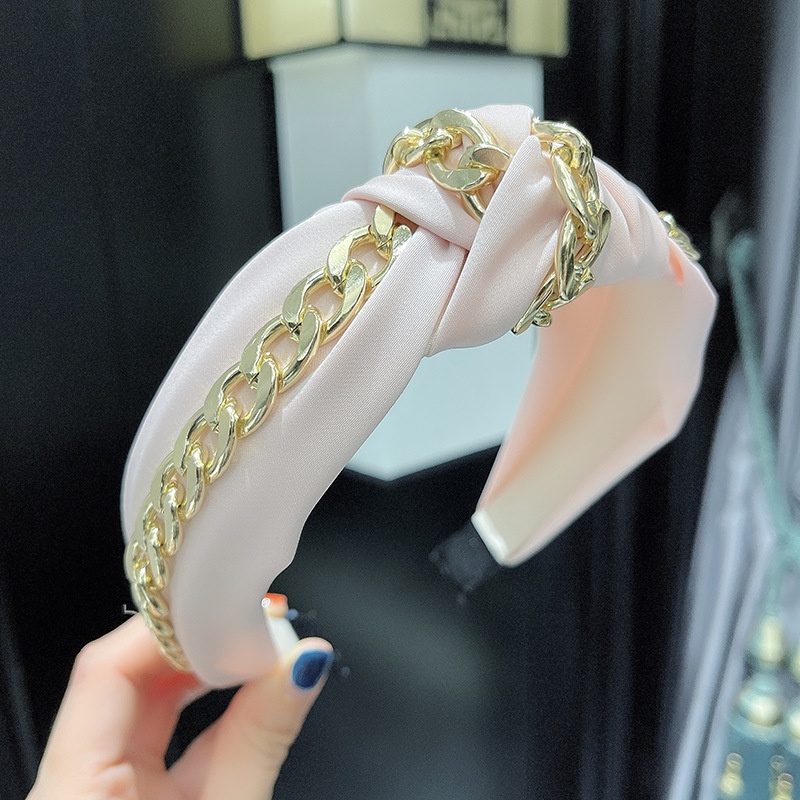 Băng Đô Cài Tóc Bản Rộng Thắt Nút Bằng Vải Màu Sắc Ngọt Ngào Phối Dây Xích Thời Trang Cho Nữ