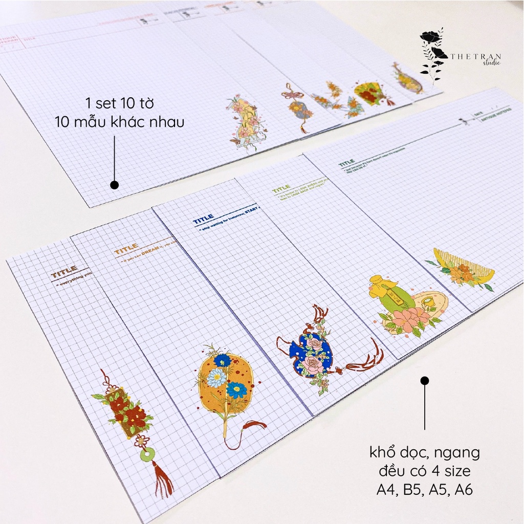 Bộ 10 tờ giấy ghi chép kẻ caro - A4, B5, A5, A6 - dọc, ngang cổ trang / antique notepad / thetranstudio